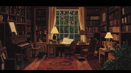Cozy and Inviting Library at Dusk with Piano and Bookshelves