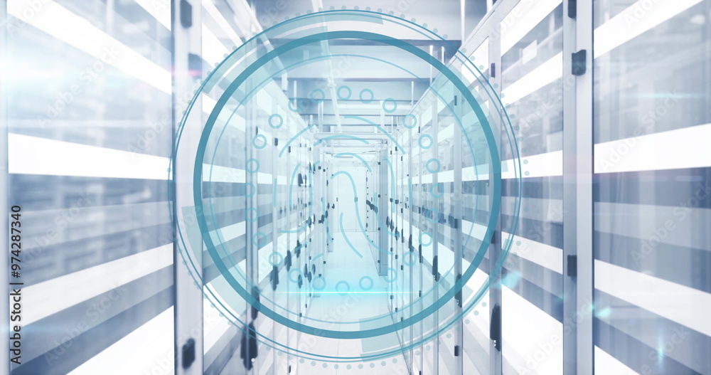 Poster image of biometric fingerprint icon and digital data processing over computer servers