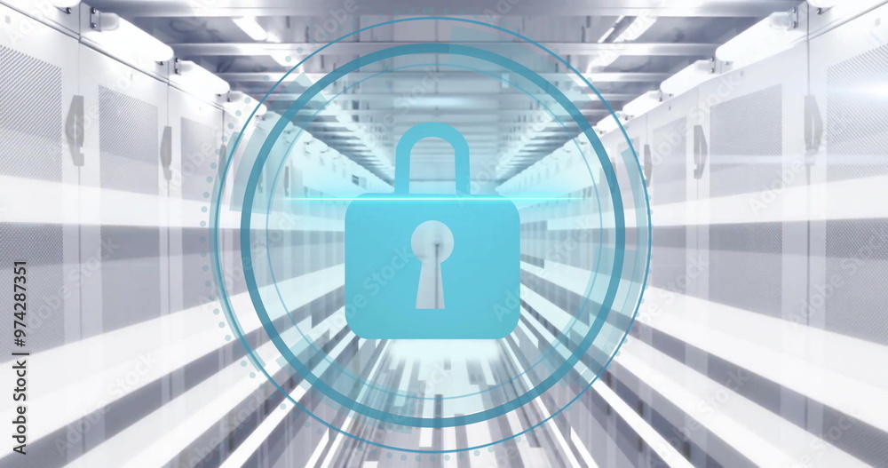 Poster image of padlock icon and digital data processing over computer servers