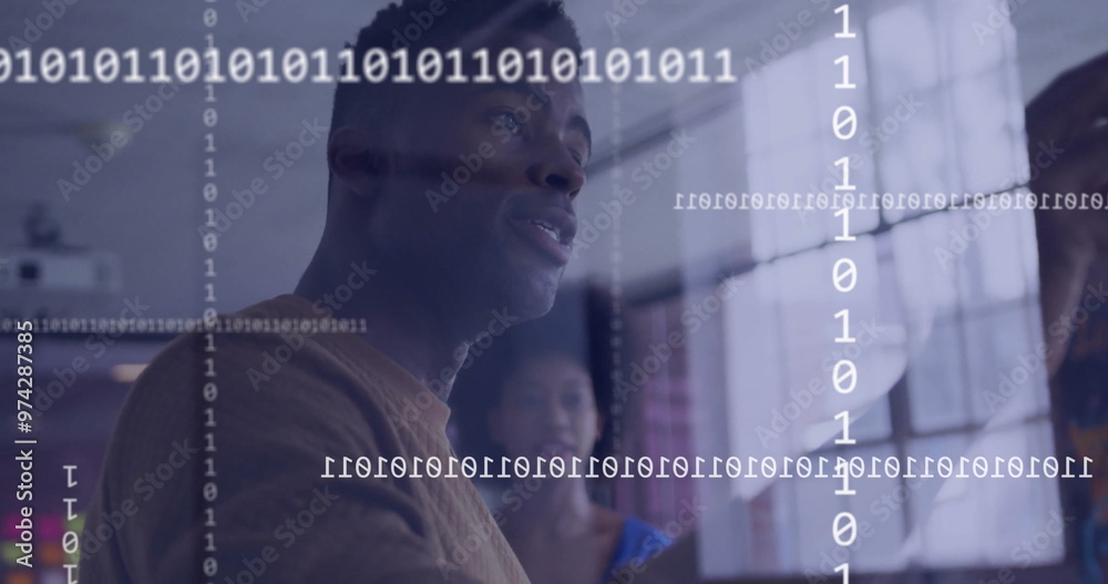 Poster image of binary coding over diverse colleagues discussing work in office
