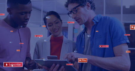 Image of icons and data processing over diverse business people using tablet