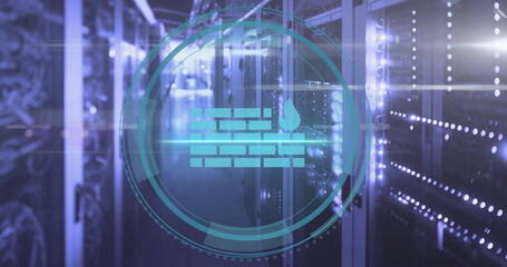 Image of fire wall icon and digital data processing over computer servers