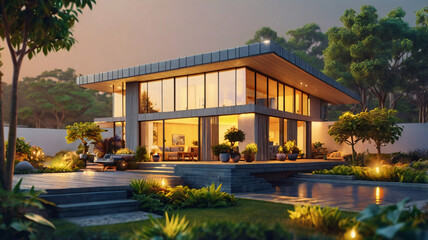 Fototapeta premium Contemporary Home with Solar Panels and Warm Garden Lights