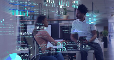 Image of diagrams and data processing over diverse colleagues discussing work in office