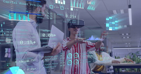 Image of diagrams and data processing over diverse colleagues using vr headset in office