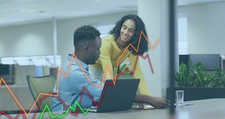 Image of financial data processing over diverse colleagues discussing work in office