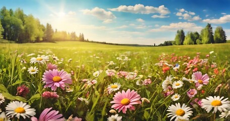 Fototapeta premium Beautiful spring landscape with meadow flowers and daisies in the grass. Natural summer panorama 