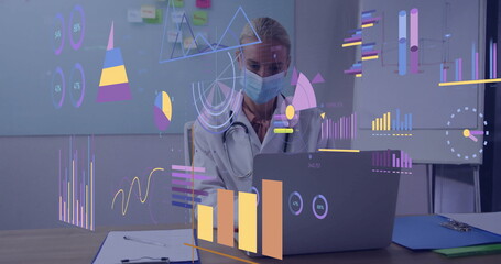Image of diagrams and data processing over caucasian female doctor using laptop in office