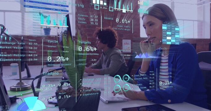 Image of diagrams and data processing over diverse colleagues using phone headsets in office