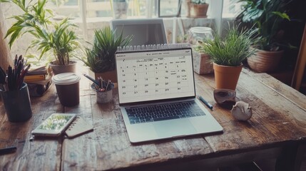 Fototapeta premium Cozy Home Office with Calendar and Laptop on Wooden Desk