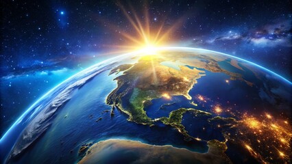 Vibrant, high-contrast illustration of the Earth's surface, showcasing daytime and nighttime zones, with illuminated