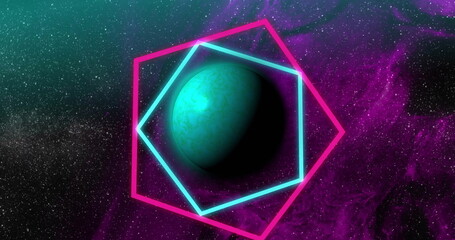 Image of colourful shapes over planet on sky with stars