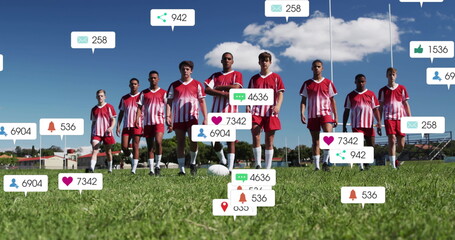 Image of icons and data processing over diverse rugby players