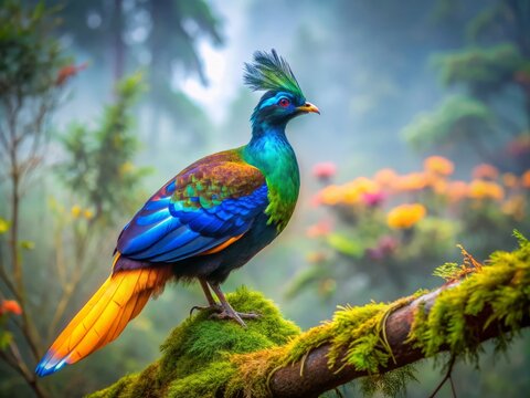 Vibrant Himalayan monal bird perches on moss-covered branch, showcasing iridescent blue and green feathers, amidst lush