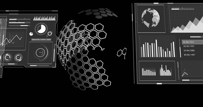 Image of digital data processing and globe over black background