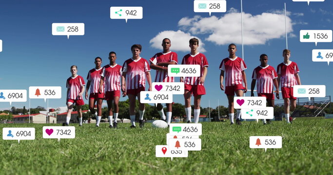Image of icons and data processing over diverse rugby players