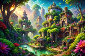 Vibrant illustration of a whimsical fantasy world featuring fantastical creatures, lush foliage, and ancient ruins,
