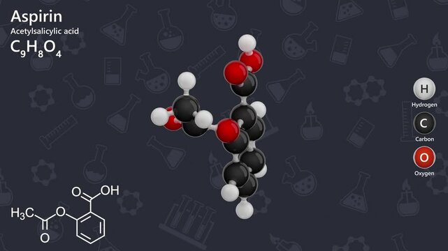 The formula of Aspirin (acetylsalicylic acid) C9H8O4. Acetylsalicylic acid is a commonly used drug for the treatment of pain and fever due to various causes. 3d render. Seamless loop. Black background