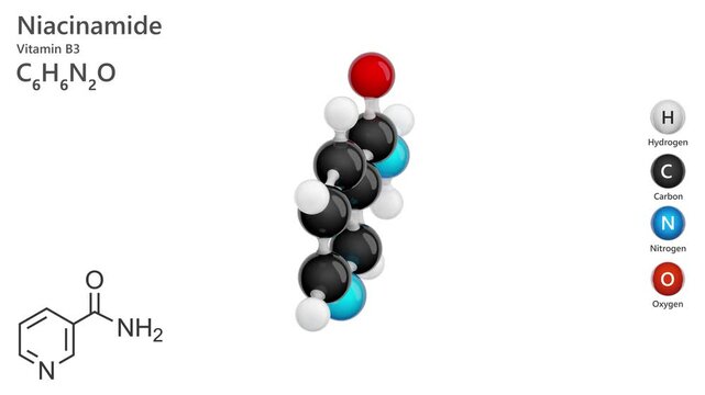 A 3D model of one of the forms of vitamin B3 niacinamide C6H6N2O. 3d rendering. Seamless loop. White background.