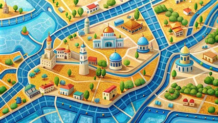 Obraz premium Vibrant illustration of Jerusalem's city map, featuring iconic landmarks, roads, and neighborhoods, set against a
