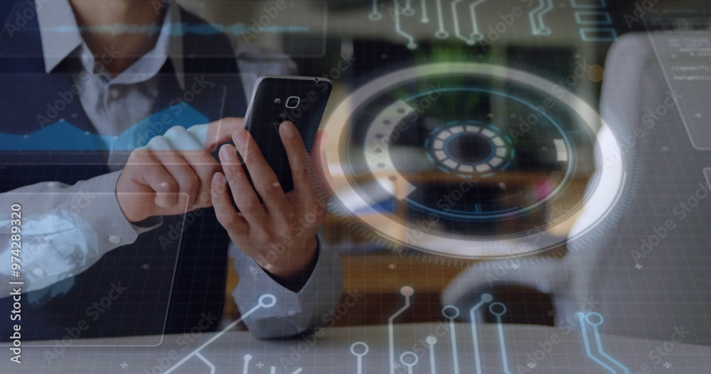 Poster image of data processing and scope scanning over caucasian man using smartphone
