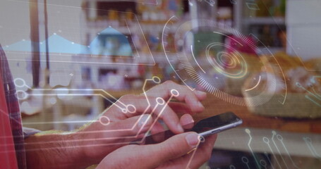 Image of data processing and scope scanning over caucasian man using smartphone