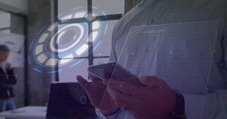 Image of data processing and scope scanning over caucasian man using smartphone