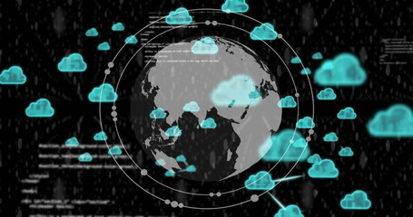 Image of globe and processing data with blue cloud icons on black background