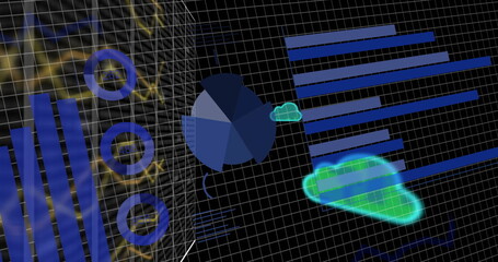 Image of graphs and charts processing data and cloud icons over grid on black background