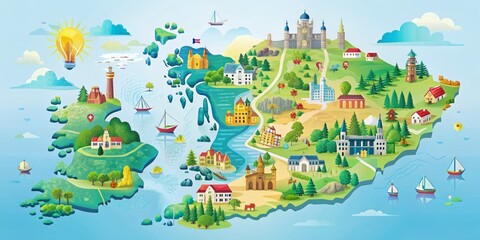 Vibrant illustration of Scotland's geographical map featuring prominent cities, towns, and landmarks set against a