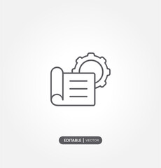 icon featuring a document or blueprint and a gear, possibly representing a technical or engineering concept.