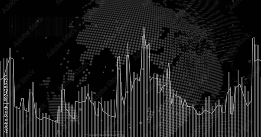 Poster image of white pixel globe and graph processing data on black background