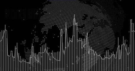 Image of white pixel globe and graph processing data on black background