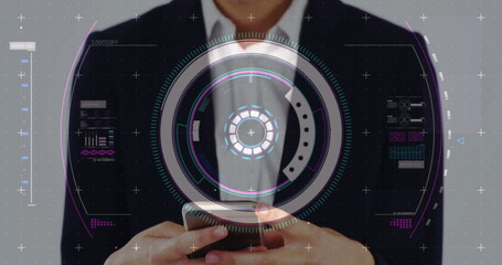 Image of data processing and scope scanning over caucasian woman using smartphone