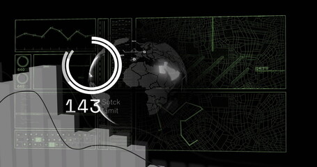 Image of globe with charts processing data and loading ring on black background