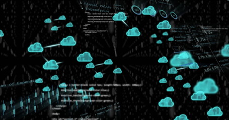 Image of processing data, charts and cloud icons transferring data on black background
