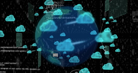 Image of globe and processing data with cloud icons transferring data on black background