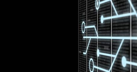 Image of interface screens processing data and network transferring data on black background