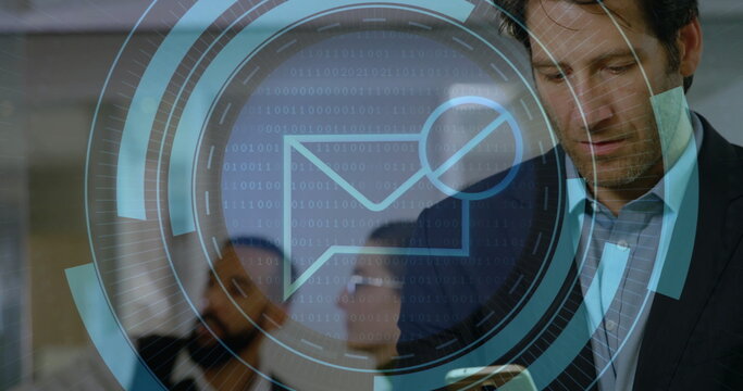 Image of scope scanning and envelope over caucasian man using smartphone