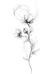 Tattoo design: a small flower vine with swirling smoke around it, a simple line drawing on a white background