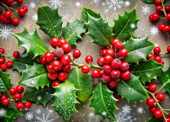 Vibrant, intricately designed holly leaves and bright red berries intertwined with delicate vines and subtle