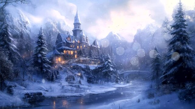 A majestic castle surrounded by a snowy forest and frozen river in winter seamless looping 4k time-lapse video background