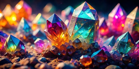 Vibrant, intricately patterned crystals sparkle in mesmerizing detail, refracting light into kaleidoscopic colors,