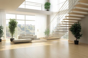 Modern Living Room with Staircase and Natural Light