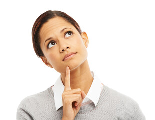 Thinking, portrait and woman with decision, problem solving and solution or planning idea. Pensive...