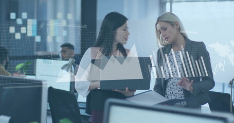 Image of financial data processing over diverse colleagues discussing work in office