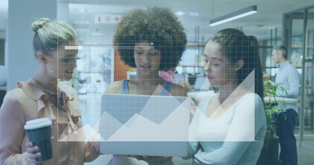 Image of financial data processing over diverse colleagues discussing work in office