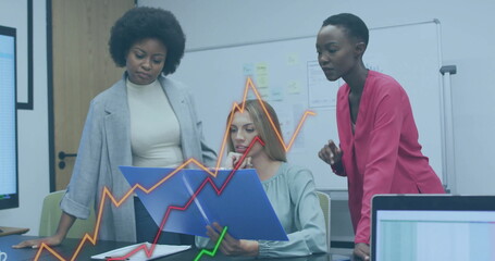 Image of financial data processing over diverse colleagues discussing work in office