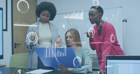 Image of financial data processing over diverse colleagues discussing work in office