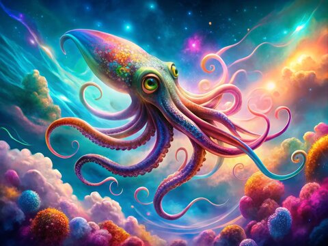 Vibrant, iridescent squid swim amidst swirling clouds of pink, blue, and green hues, its tentacles stretching out like